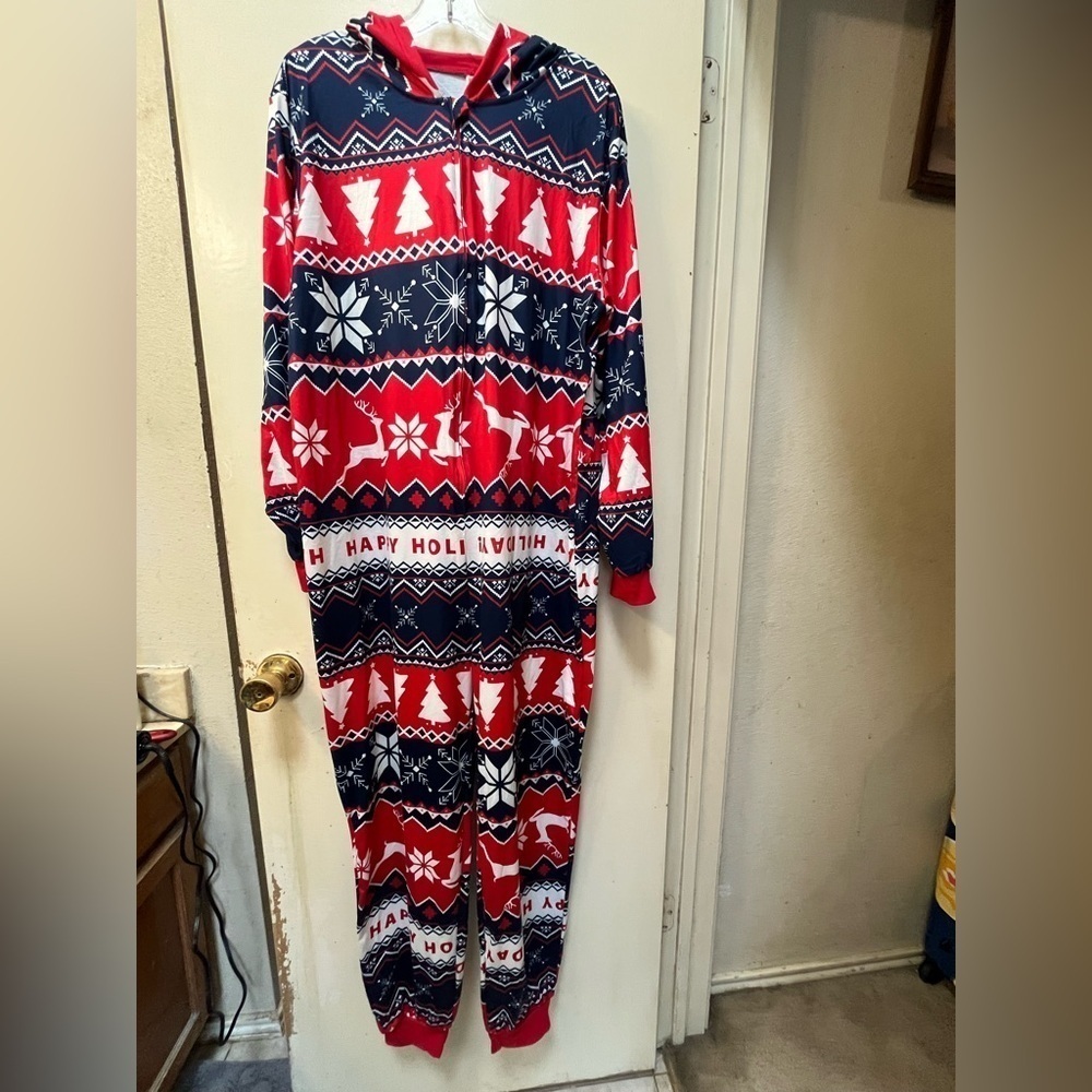 Festive Red and Blue Holiday Onesie women’s 2XL